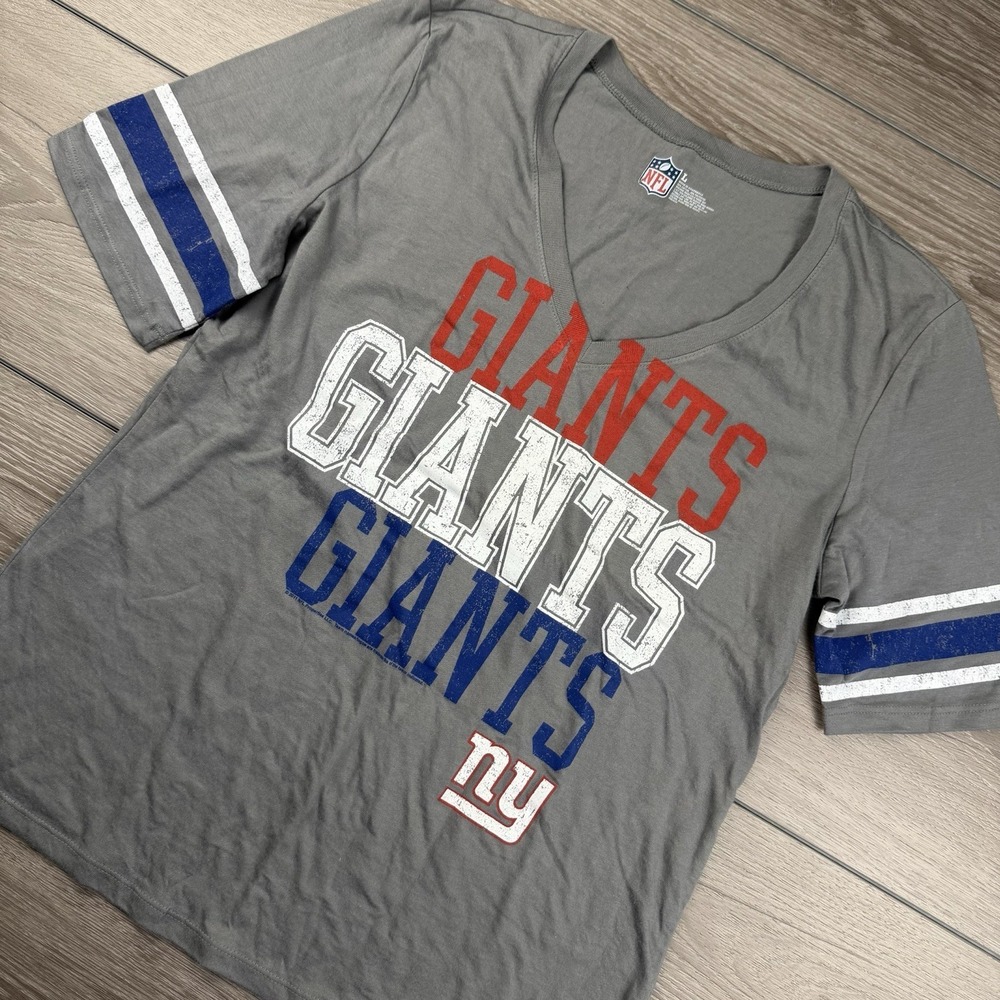 NFL Women's New York Giants Short‎ Sleeve Triple Logo V Neck Tee Grey Size Large